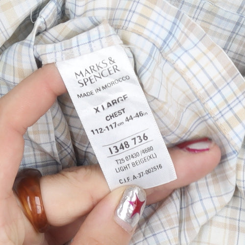 Marks and Spencer Men’s Beige Check XL Short Sleeve Button-Up Shirt 44-46 in