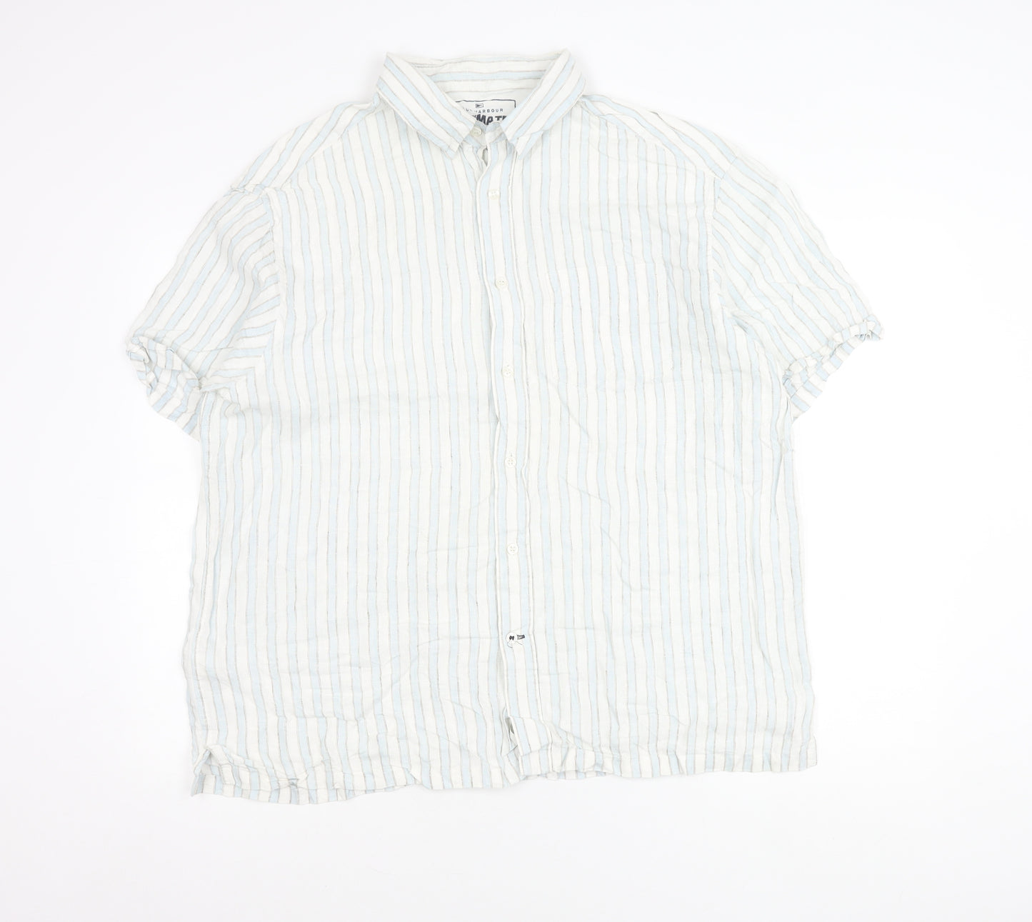 Marks and Spencer Men’s Blue Striped Linen XL Short Sleeve Shirt 44-46 in