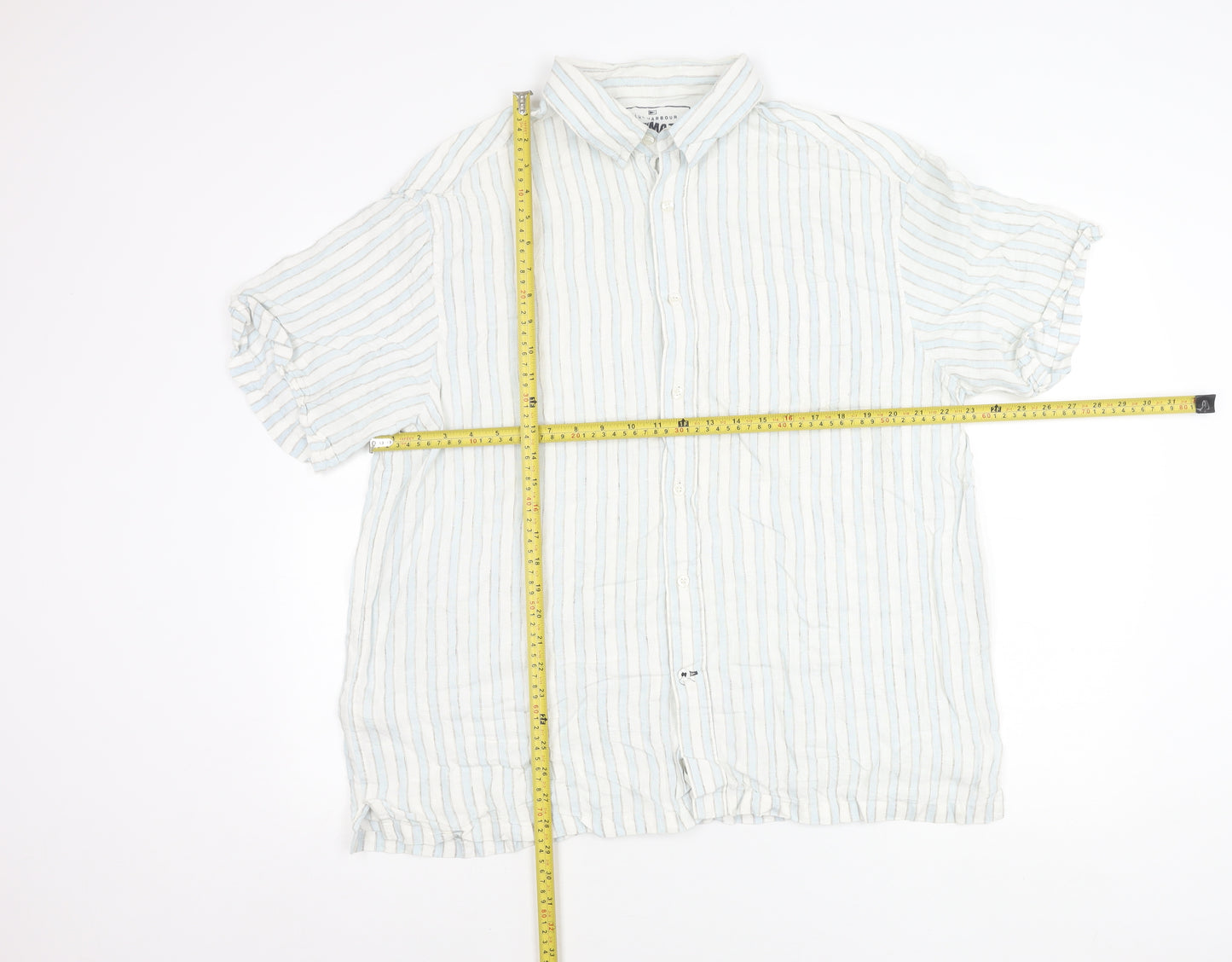 Marks and Spencer Men’s Blue Striped Linen XL Short Sleeve Shirt 44-46 in