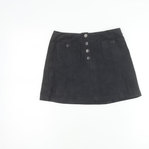 Next Girls Black Suede Look A-Line Skirt 11 Years Button Front Pockets