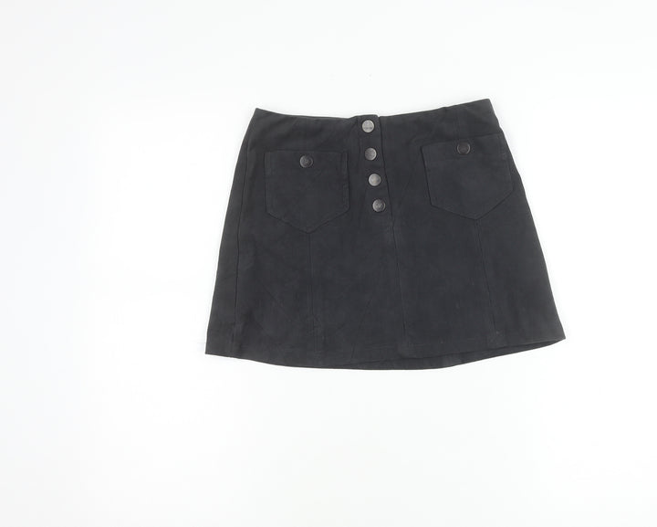 Next Girls Black Suede Look A-Line Skirt 11 Years Button Front Pockets