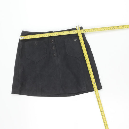 Next Girls Black Suede Look A-Line Skirt 11 Years Button Front Pockets
