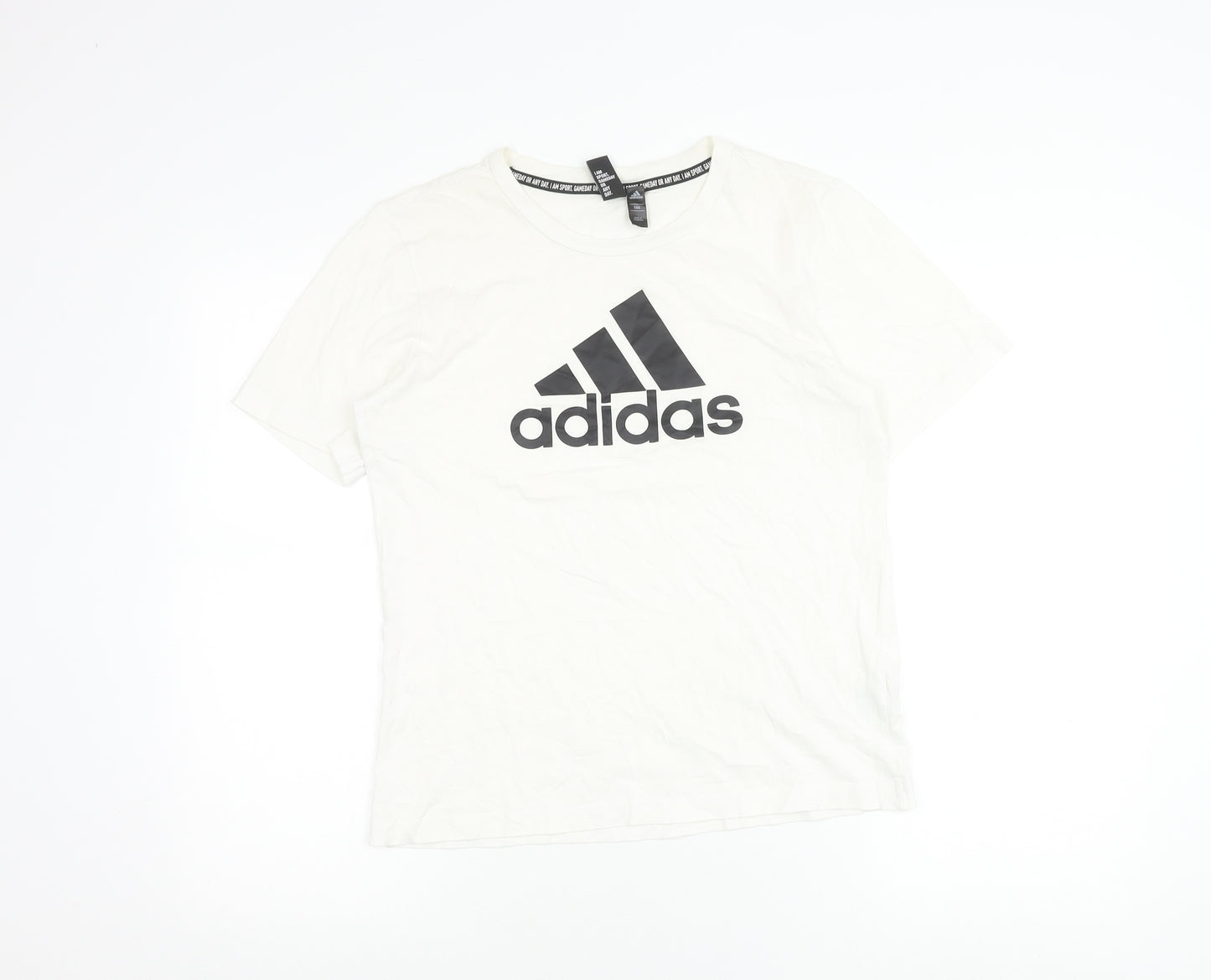 Adidas Boys White Cotton Logo T-Shirt Size 164 Short Sleeve Sports Tee