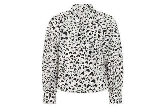 Front view of ASOS Women’s White Animal Print High Neck Tie Blouse, size UK 6
