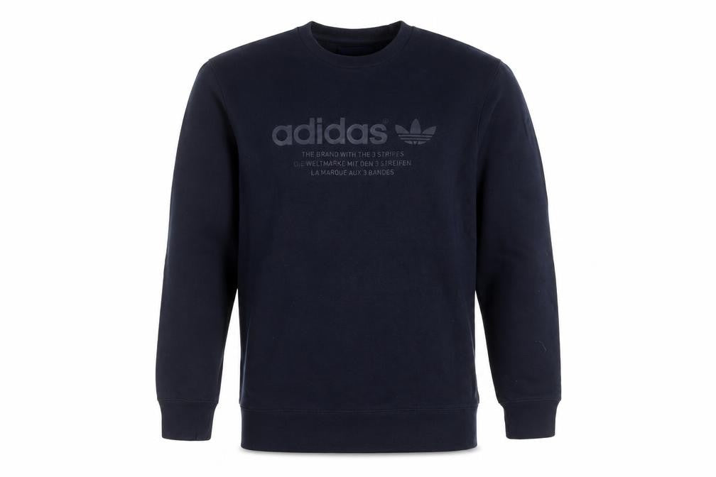 Front view of Adidas men’s blue medium sweatshirt pullover crew neck logo graphic