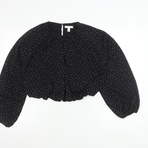 H&M Women's Black Polka Dot Cropped Blouse Size M Long Sleeve
