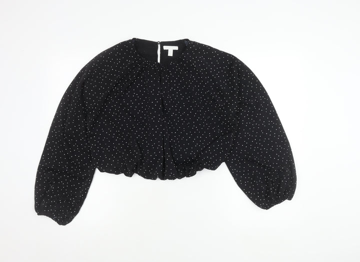 H&M Women's Black Polka Dot Cropped Blouse Size M Long Sleeve