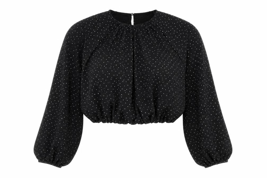 Front view of H&M Women's Black Polka Dot Cropped Blouse, size M, Long Sleeve