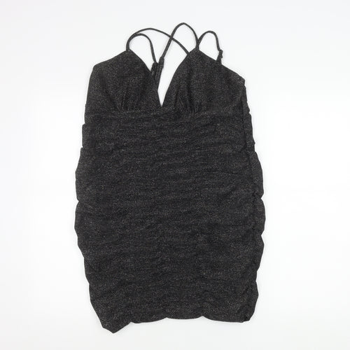 Wild Fable Women’s Black Glitter Bodycon Mini Dress L V-Neck Ruched