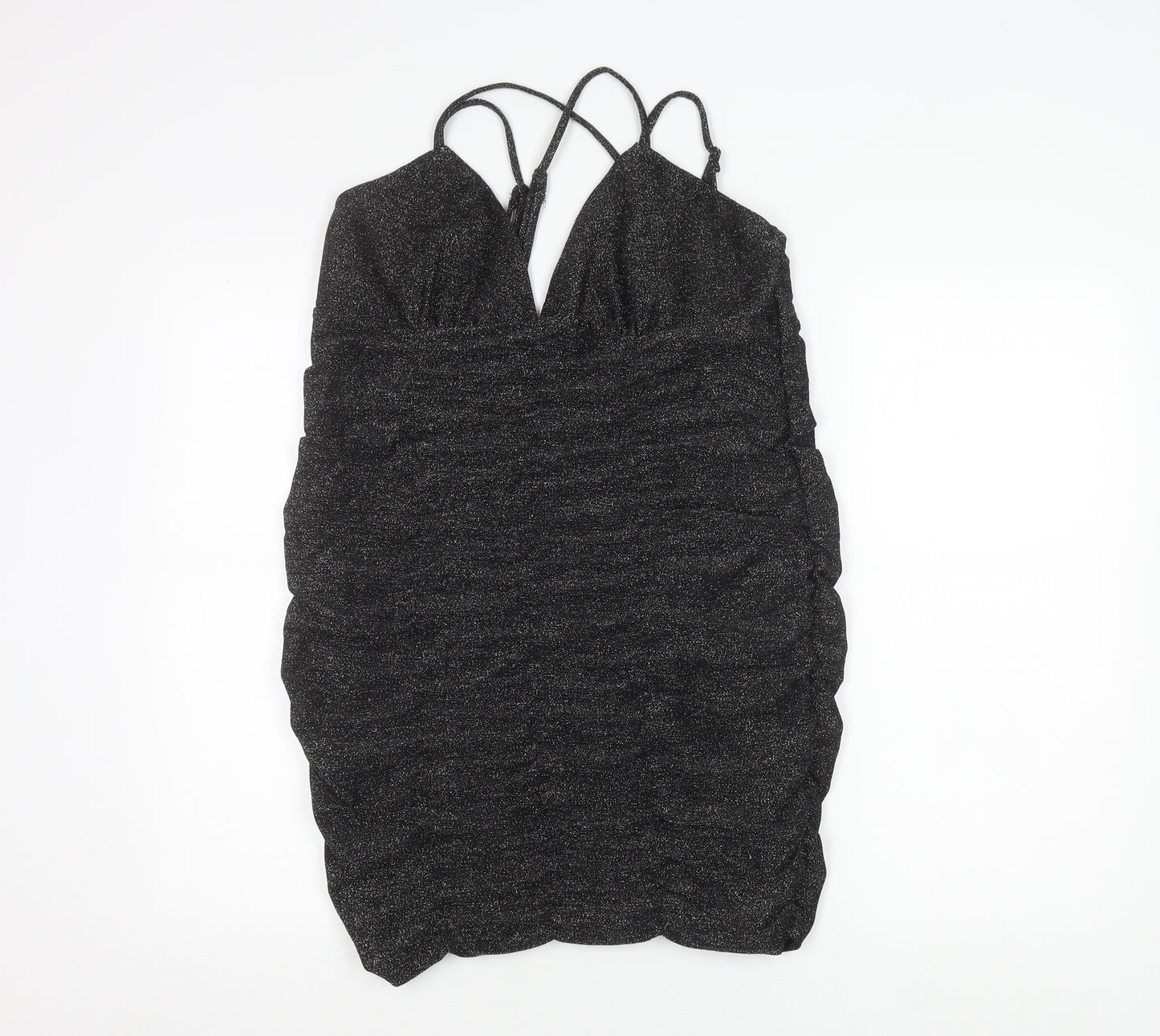Wild Fable Women’s Black Glitter Bodycon Mini Dress L V-Neck Ruched