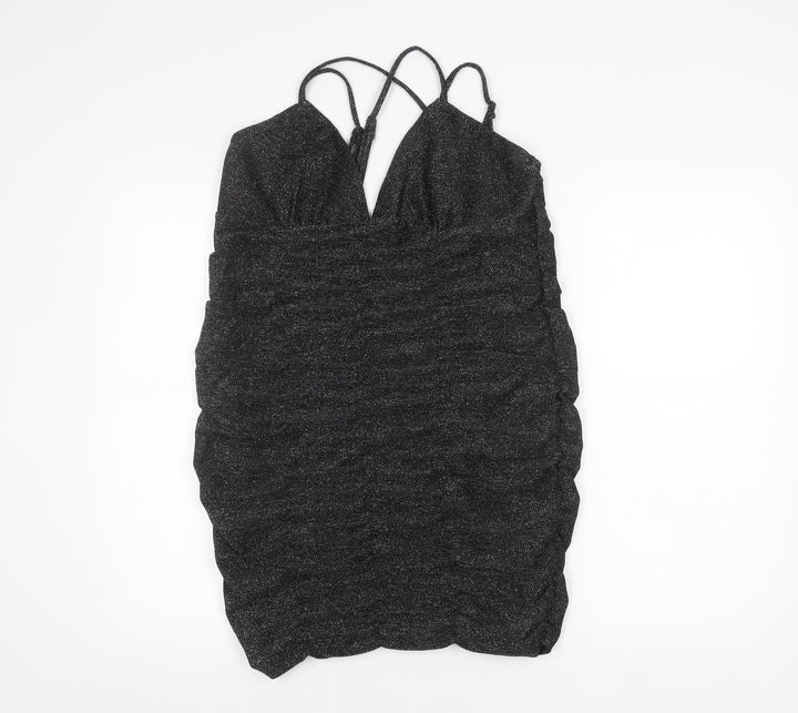 Wild Fable Women’s Black Glitter Bodycon Mini Dress L V-Neck Ruched