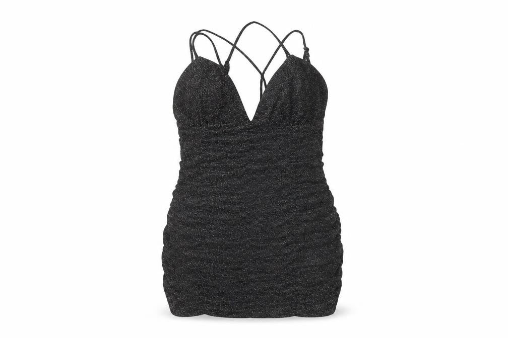 Wild Fable Women’s Black Glitter Bodycon Mini Dress L V-Neck Ruched