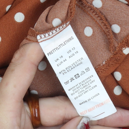 PrettyLittleThing Women’s Brown Polka Dot Wrap Mini Dress Size 16