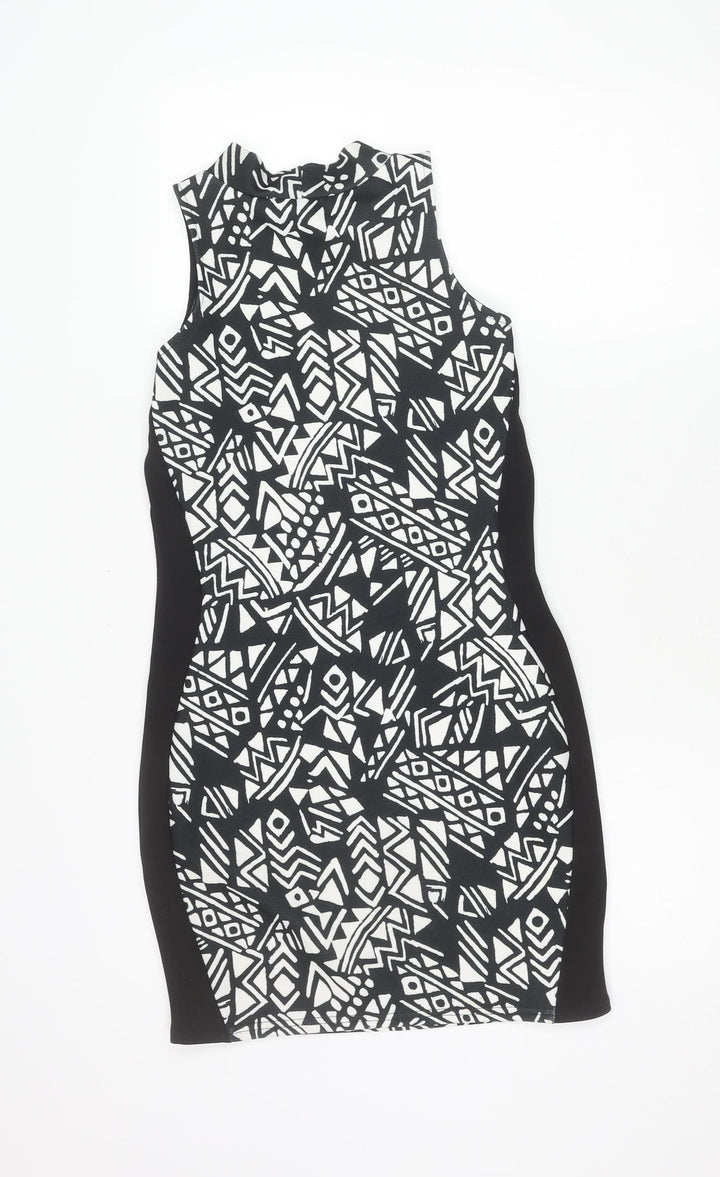 River Island Women’s Black Geometric Bodycon Dress Size 12 Sleeveless