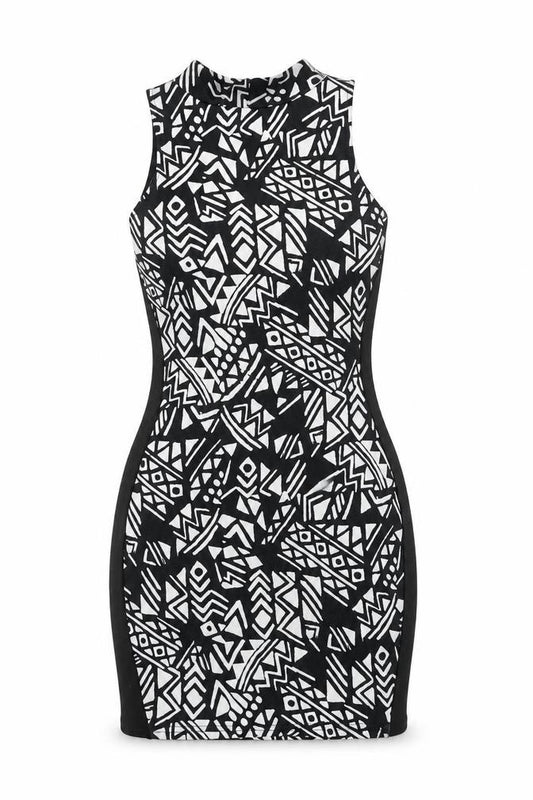 Front view of River Island Women’s Black Geometric Bodycon Dress, size UK 12, Sleeveless