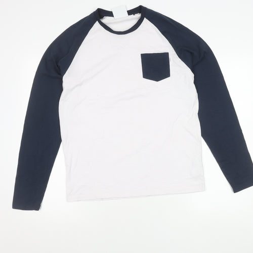TOG24 Mens White Blue Long Sleeve Crew Neck Cotton Blend T-Shirt M