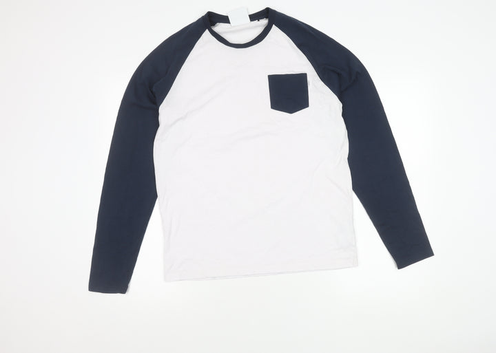 TOG24 Mens White Blue Long Sleeve Crew Neck Cotton Blend T-Shirt M