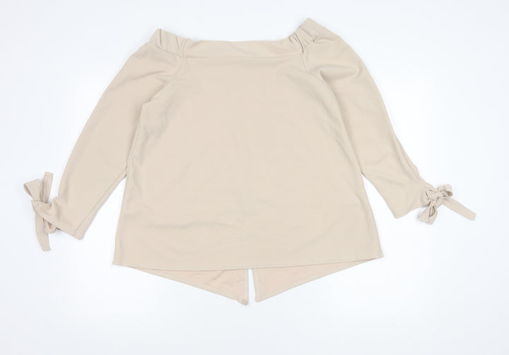 Boohoo Women’s Beige Bardot Tie Sleeve Blouse Top UK 12