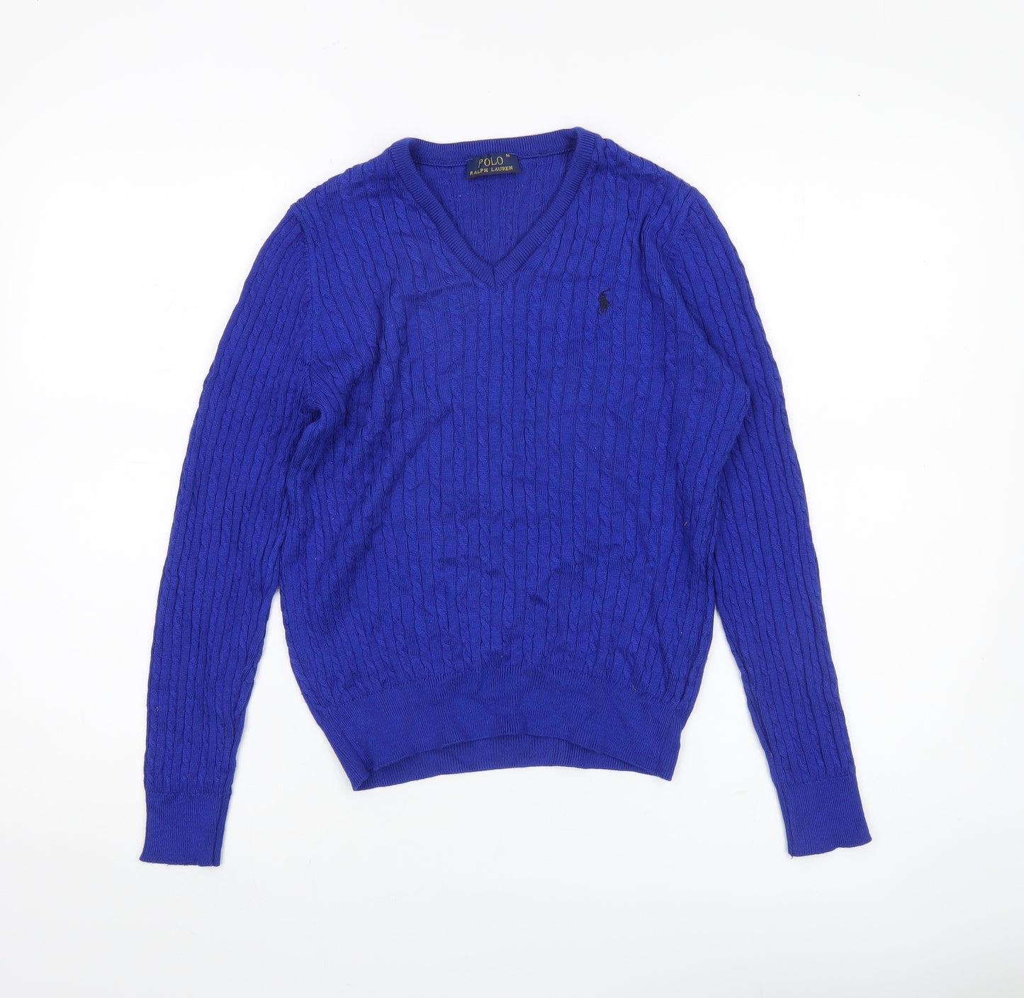 Ralph Lauren Women's Blue Cotton Cable Knit V-Neck Jumper Size M