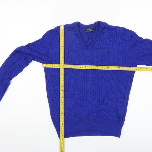 Ralph Lauren Women's Blue Cotton Cable Knit V-Neck Jumper Size M