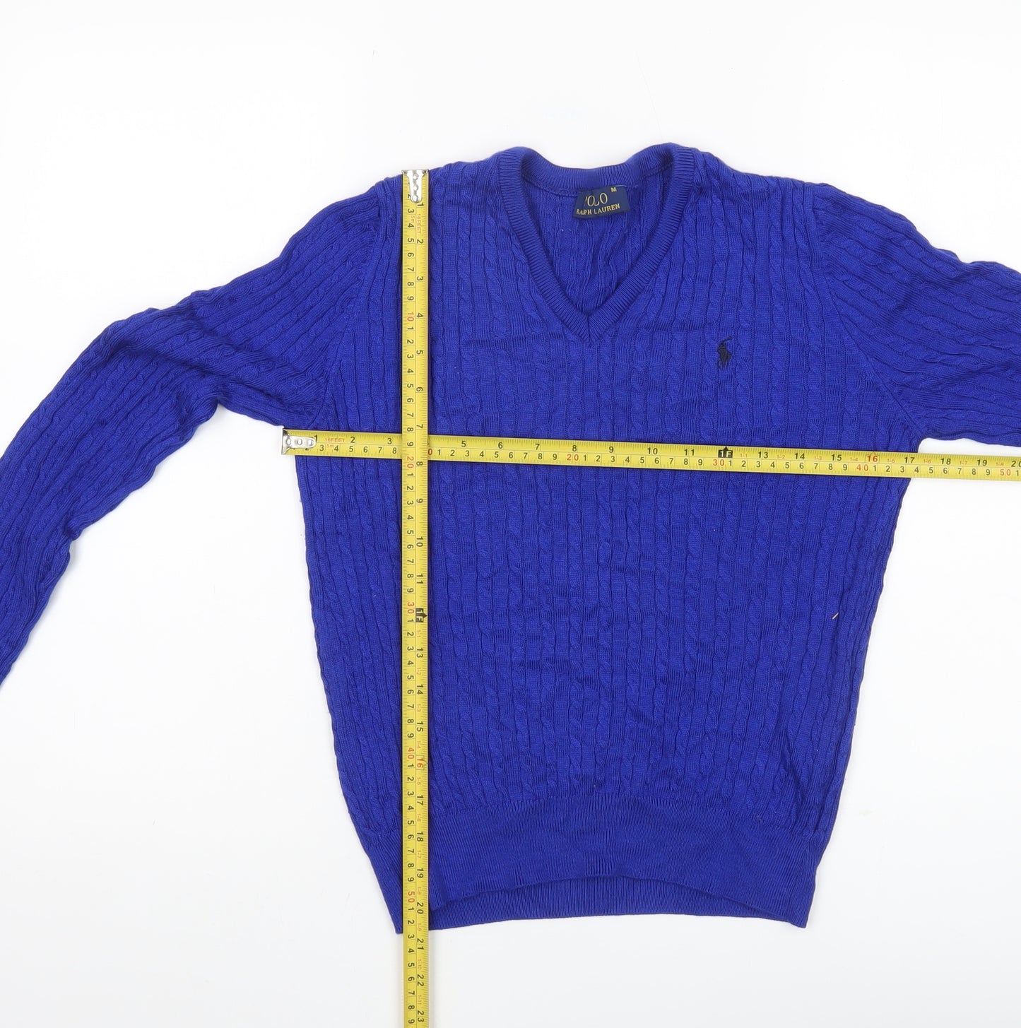 Ralph Lauren Women's Blue Cotton Cable Knit V-Neck Jumper Size M