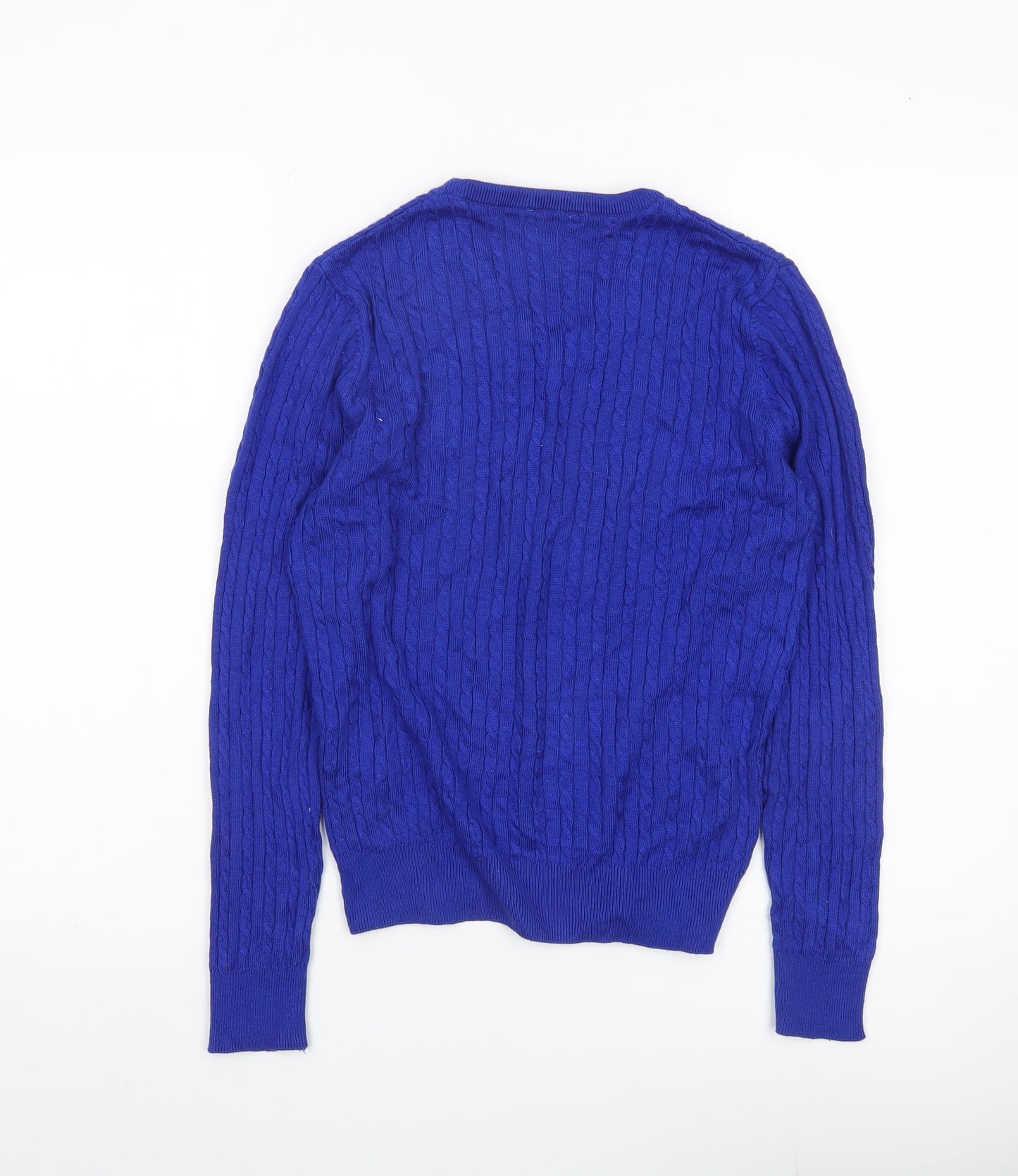 Ralph Lauren Women's Blue Cotton Cable Knit V-Neck Jumper Size M