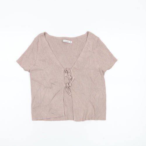 Abercrombie & Fitch Women Beige Knit Cardigan M V-Neck Short Sleeve