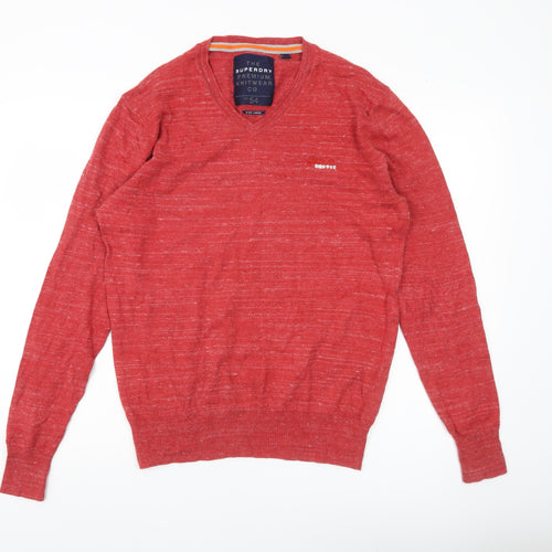 Superdry Mens Red V-Neck Cotton Cashmere Pullover Jumper Size L