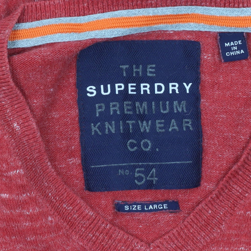 Superdry Mens Red V-Neck Cotton Cashmere Pullover Jumper Size L