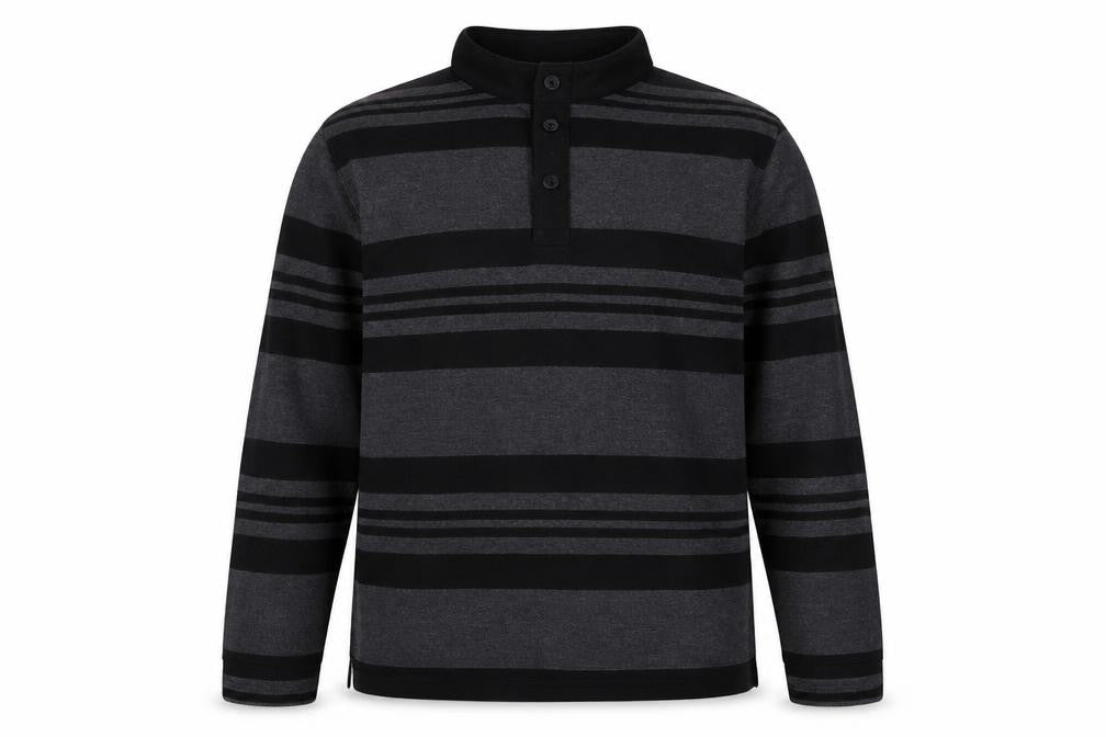 Front view of Stone Bay Men’s Grey Striped Collared Henley Sweatshirt, size L