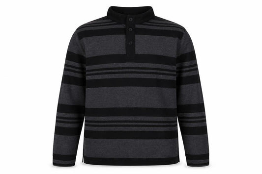 Front view of Stone Bay Men’s Grey Striped Collared Henley Sweatshirt, size L