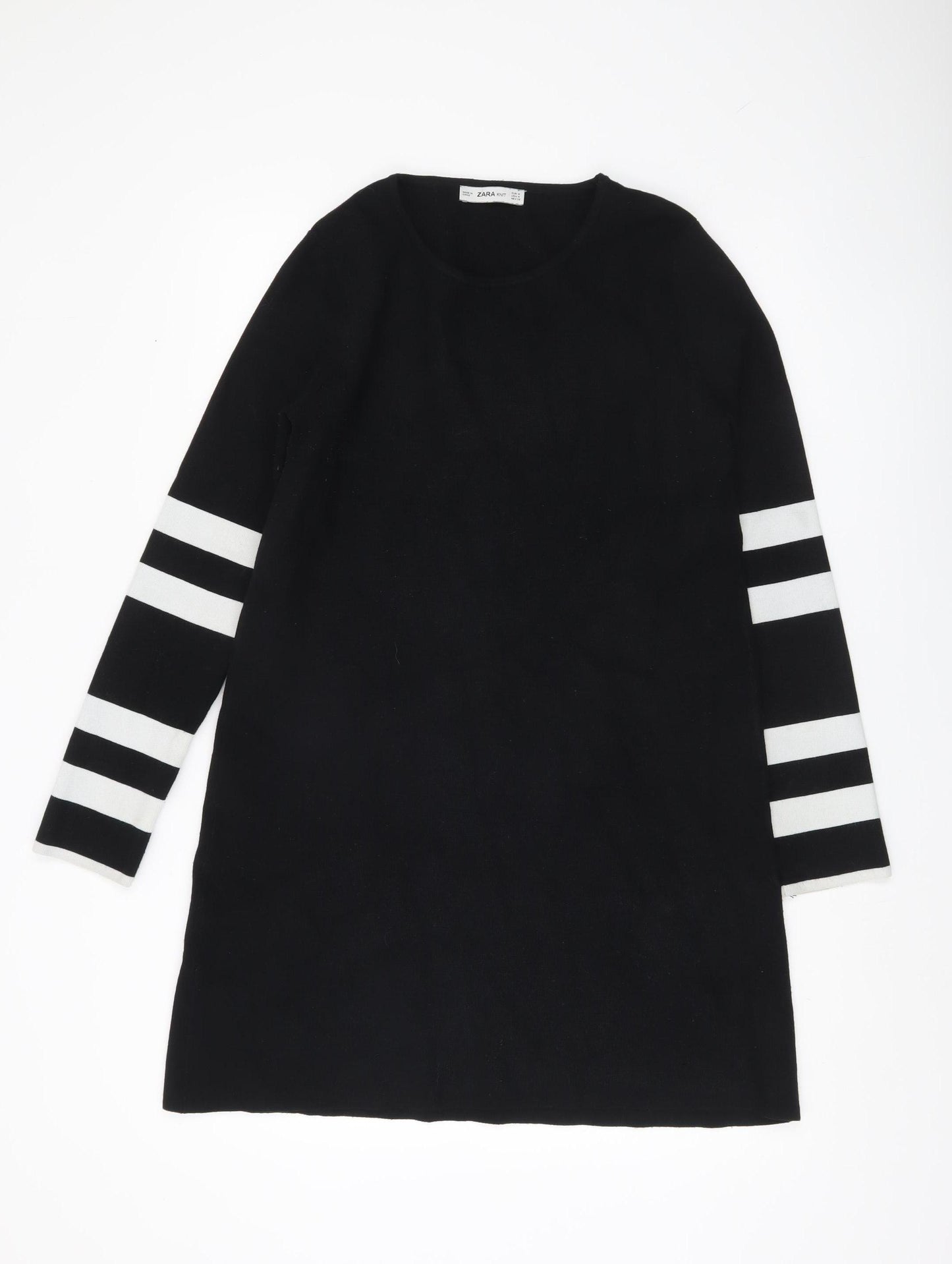 Zara Women Black Knit Shift Dress Size 12 Long Sleeve Striped