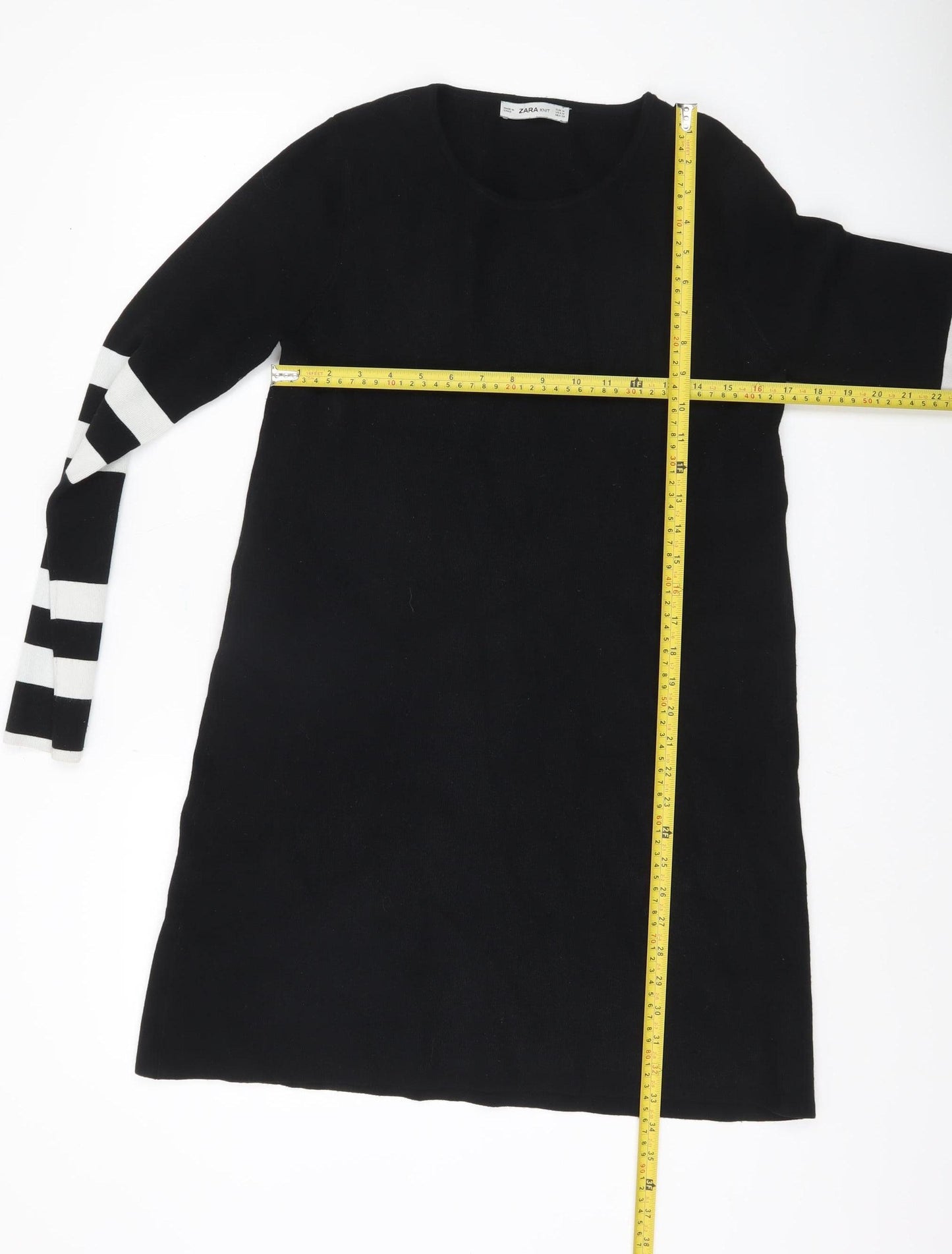 Zara Women Black Knit Shift Dress Size 12 Long Sleeve Striped