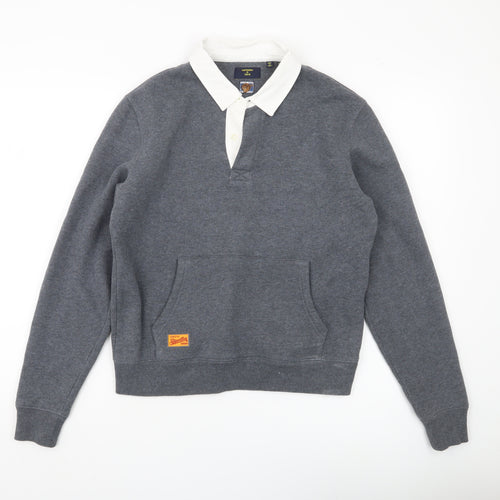 Superdry Womens Grey Henley Sweatshirt UK 8 Collared College Logo