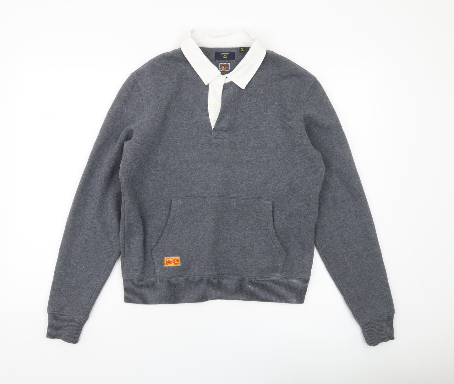 Superdry Womens Grey Henley Sweatshirt UK 8 Collared College Logo