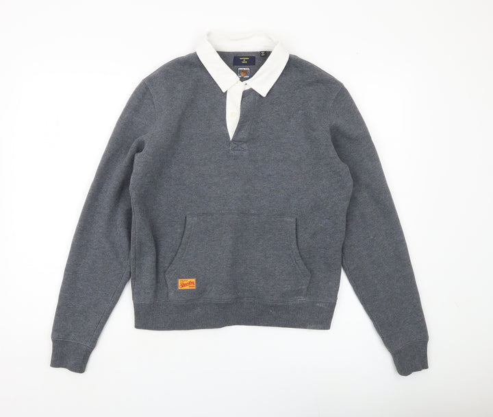 Superdry Womens Grey Henley Sweatshirt UK 8 Collared College Logo