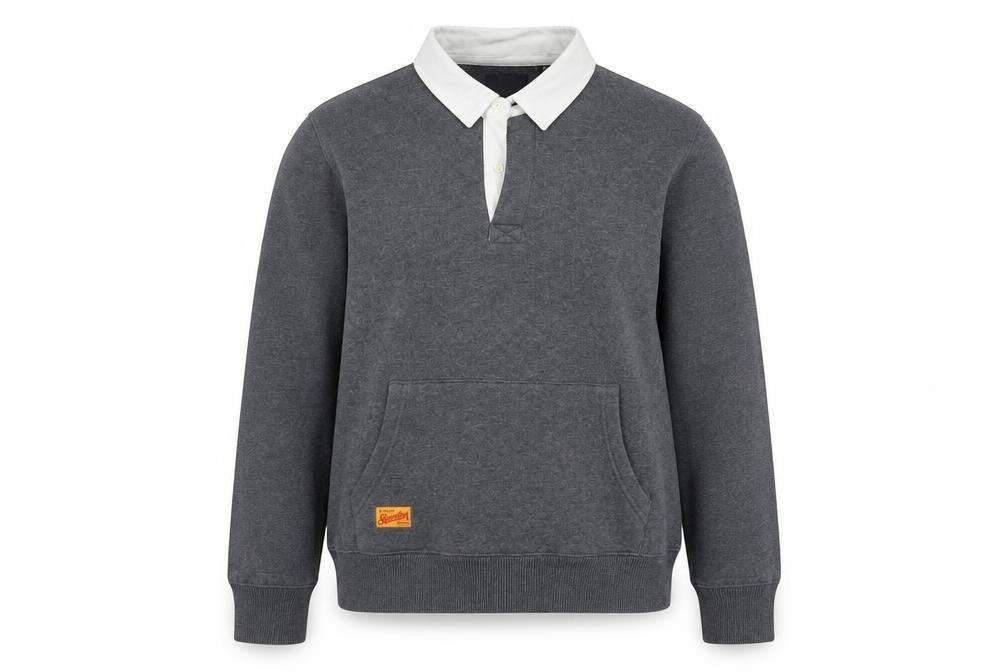 Front view of Superdry women’s grey henley sweatshirt uk 8 collared college logo