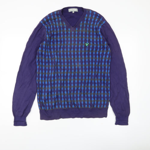 Lyle & Scott Men's Blue Argyle V-Neck Cotton Jumper Size M