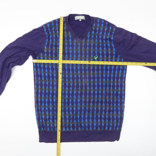 Lyle & Scott Men's Blue Argyle V-Neck Cotton Jumper Size M