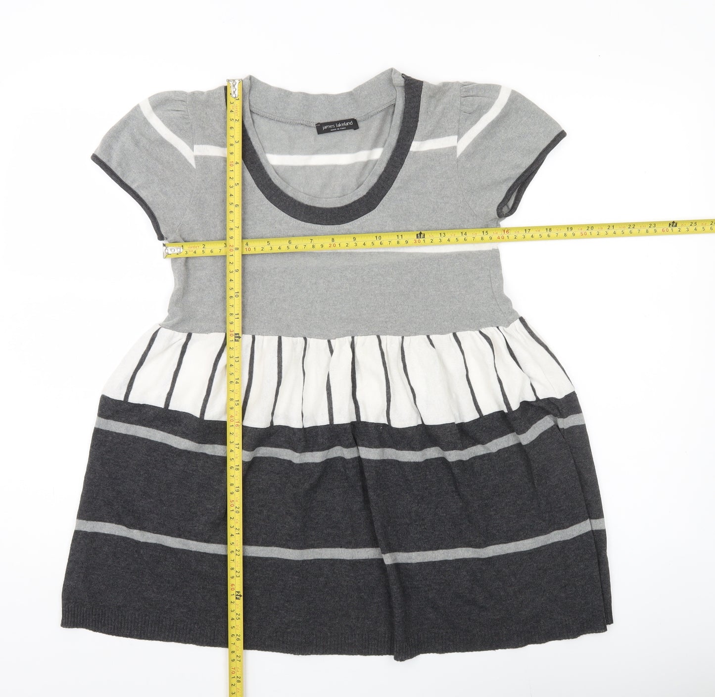 James Lakeland Women’s Grey Striped Tunic Jumper Size 14 Short Sleeve Knit