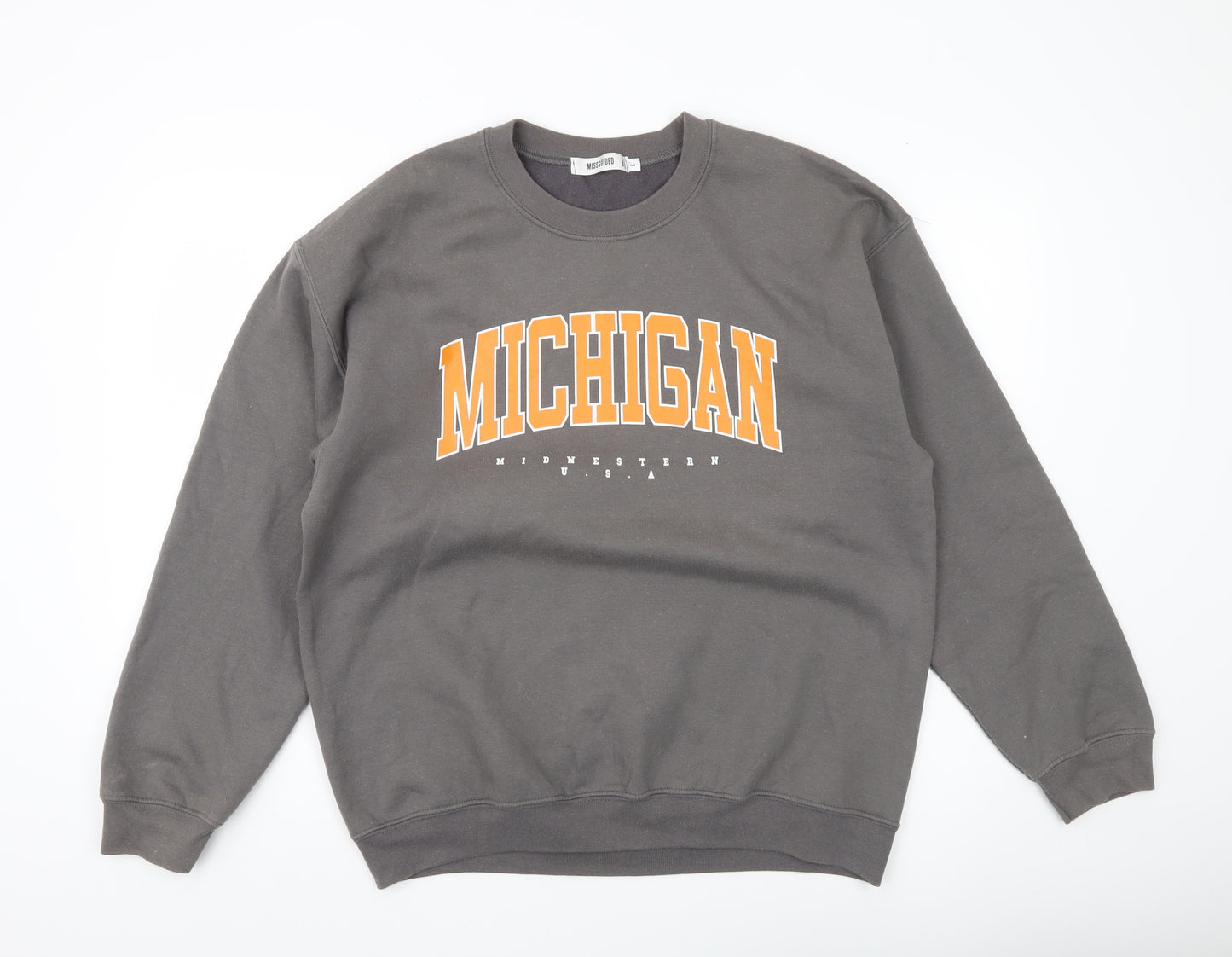 Missguided Unisex Grey College Michigan Sweatshirt Size L Crew Neck