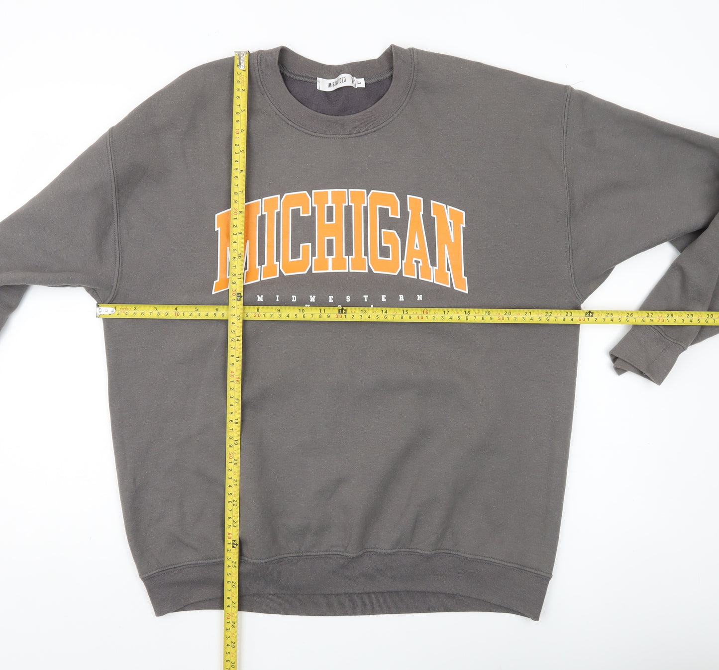 Missguided Unisex Grey College Michigan Sweatshirt Size L Crew Neck