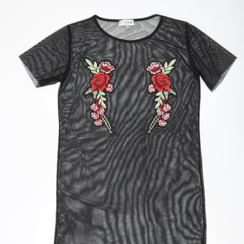 In The Style Women Black Floral Mesh Sheer Embroidered Tunic Top Size 10