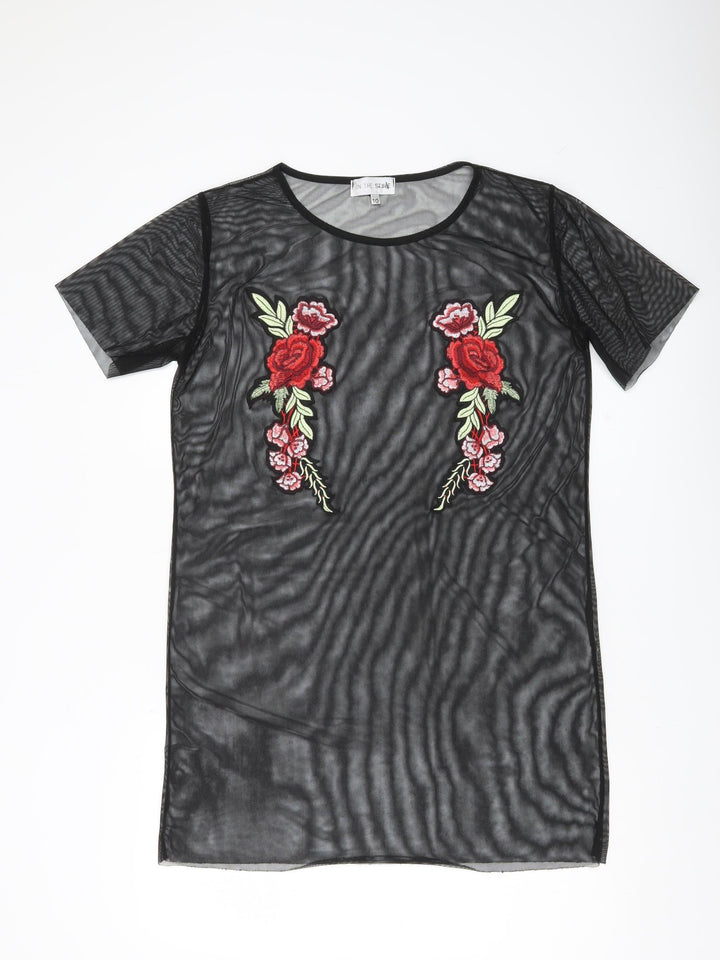 In The Style Women Black Floral Mesh Sheer Embroidered Tunic Top Size 10
