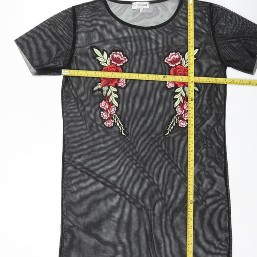 In The Style Women Black Floral Mesh Sheer Embroidered Tunic Top Size 10