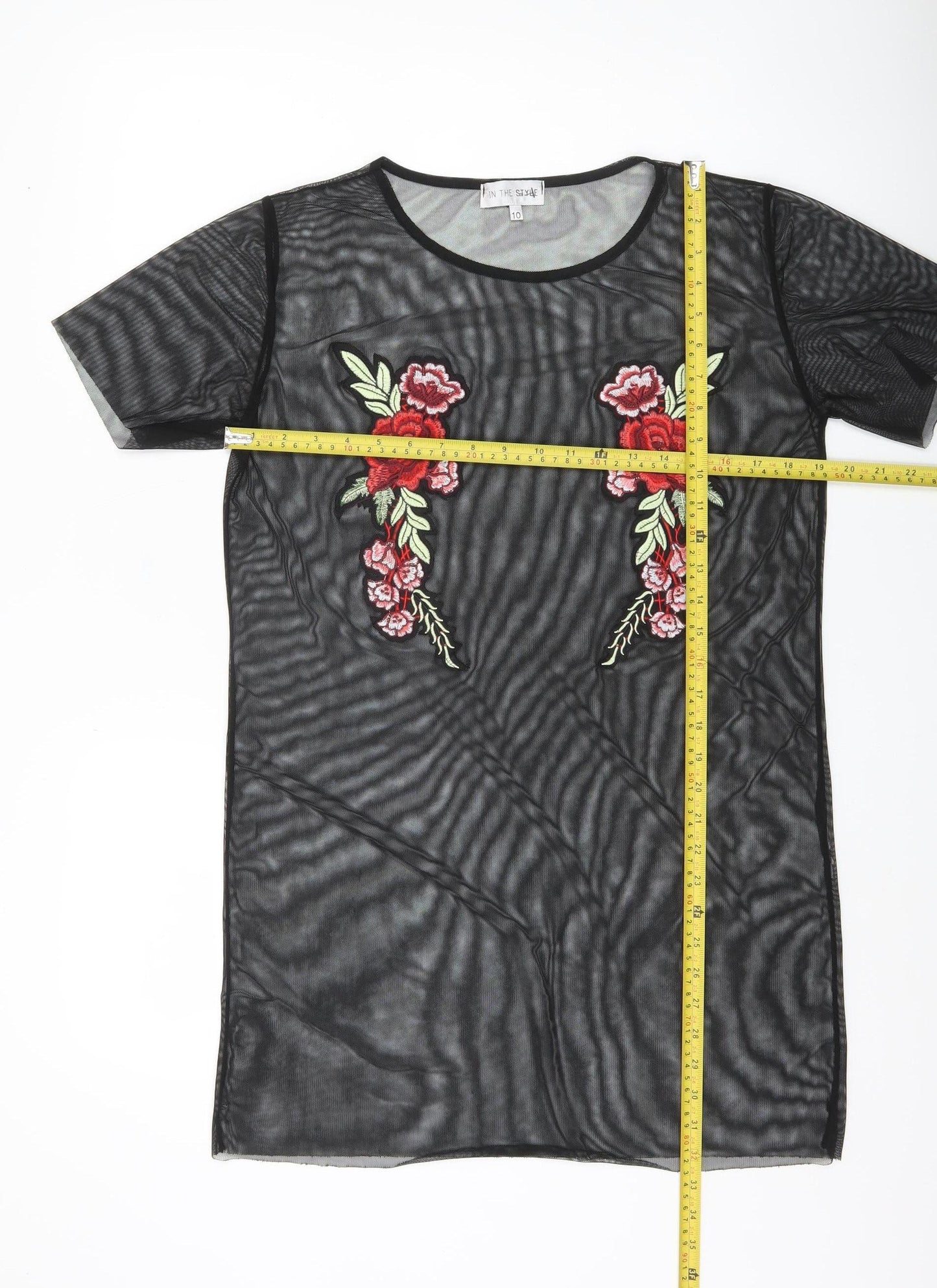 In The Style Women Black Floral Mesh Sheer Embroidered Tunic Top Size 10