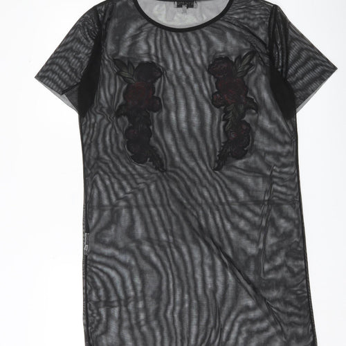 In The Style Women Black Floral Mesh Sheer Embroidered Tunic Top Size 10