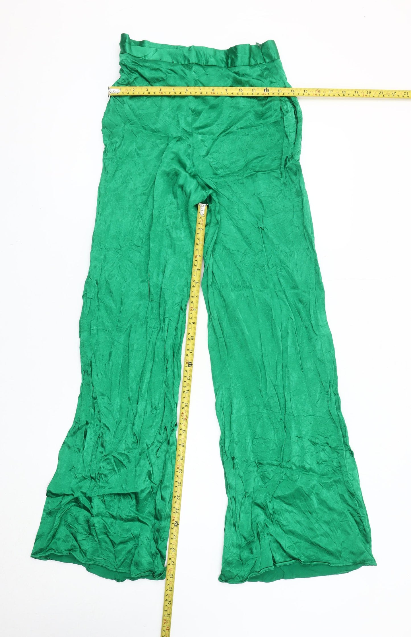 Zara Women’s Green Satin Flared Trousers Size S Viscose Blend