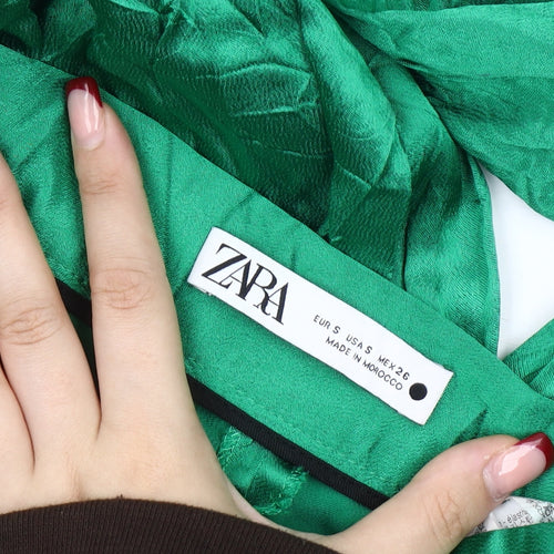Zara Women’s Green Satin Flared Trousers Size S Viscose Blend