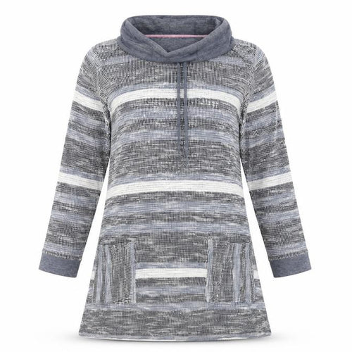 Adini Women’s Grey Striped Tunic Sweatshirt XS Cowl Neck Hooded